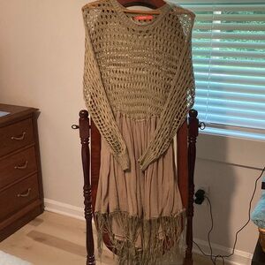 Vtg Boho Dress (I Love)- Crochet Top, Lined Fringe Bottom- Size S/M.
